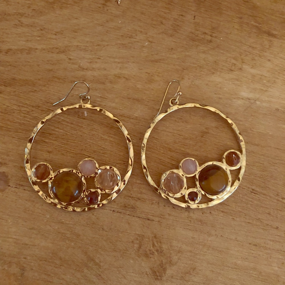 Gold earrings with tan and pink stones